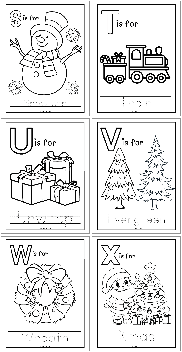 Christmas themed coloring and handwriting practice pages. Each page shows a letter, a matching coloring image, and the word in a handwriting font to trace. This image shows six pages covering letters s-x