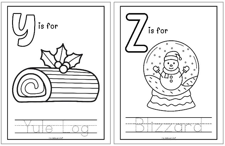 Christmas themed coloring and handwriting practice pages. Each page shows a letter, a matching coloring image, and the word in a handwriting font to trace. This image shows two pages covering letters y-z