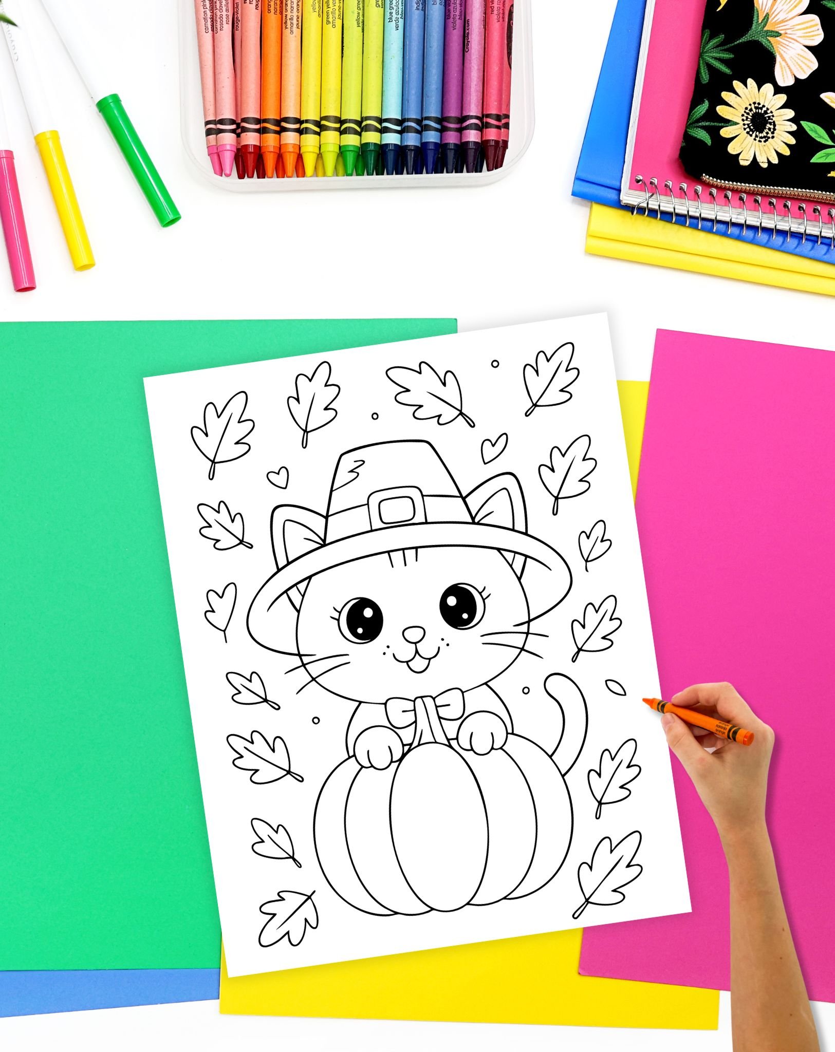 coloring a coloring page showing a cat with a pilgrim hat and a pumpkin