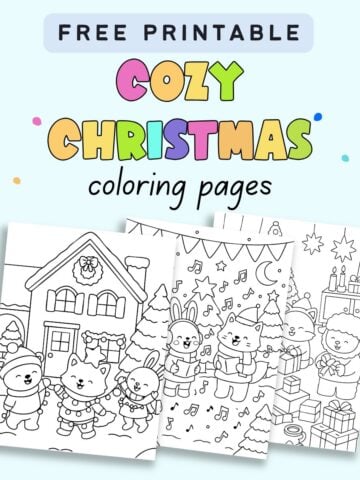 text "free printable cozy Christmas coloring pages" with a preview of three cute coloring pages showing animals celebrating Christmas