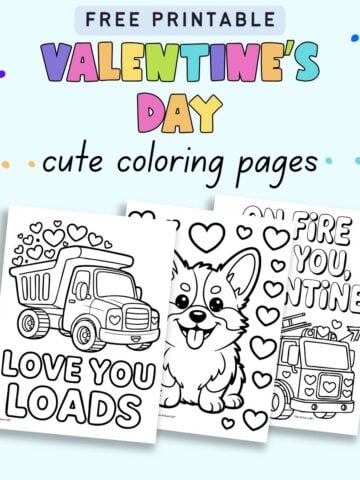 text "free printable Valentine's Day coloring pages" with a preview of three cute Valentine's Day coloring pages for kids