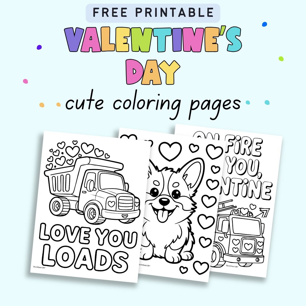 text "free printable Valentine's Day coloring pages" with a preview of three cute Valentine's Day coloring pages for kids