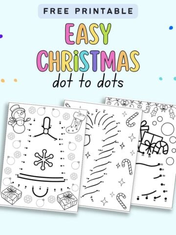 text "free printable easy Christmas dot to dots" with a. preview of three connect the dots worksheets for Christmas