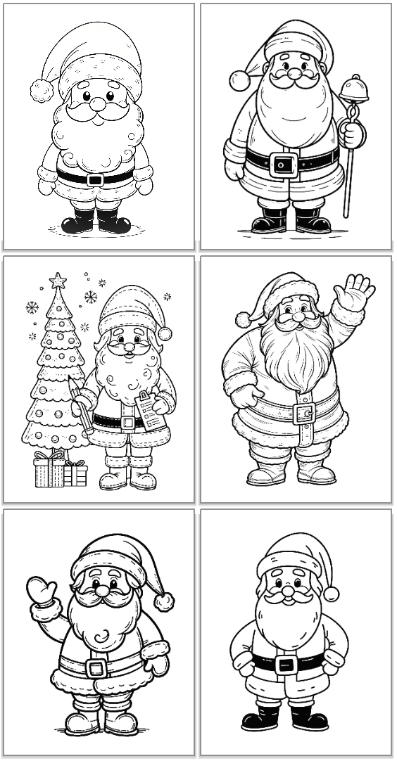 A collection of six Santa Claus coloring pages, featuring various designs of Santa in different poses and styles, suitable for kids and Christmas-themed activities.
