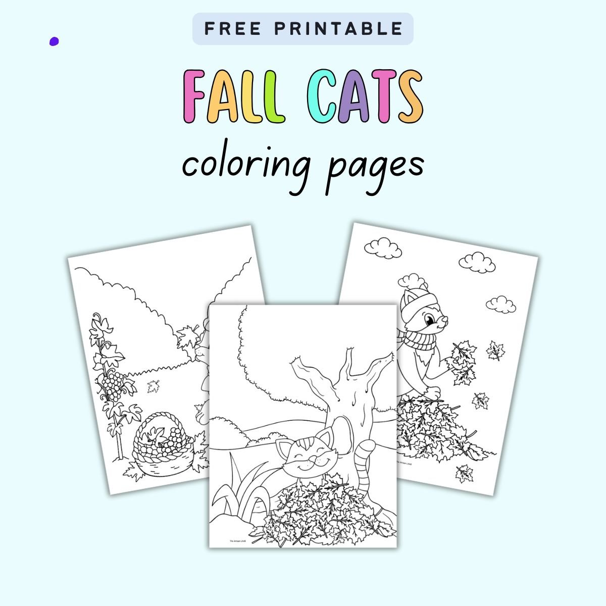txt "free printable fall cats coloring pages" with a preview of three easy cat coloring pages