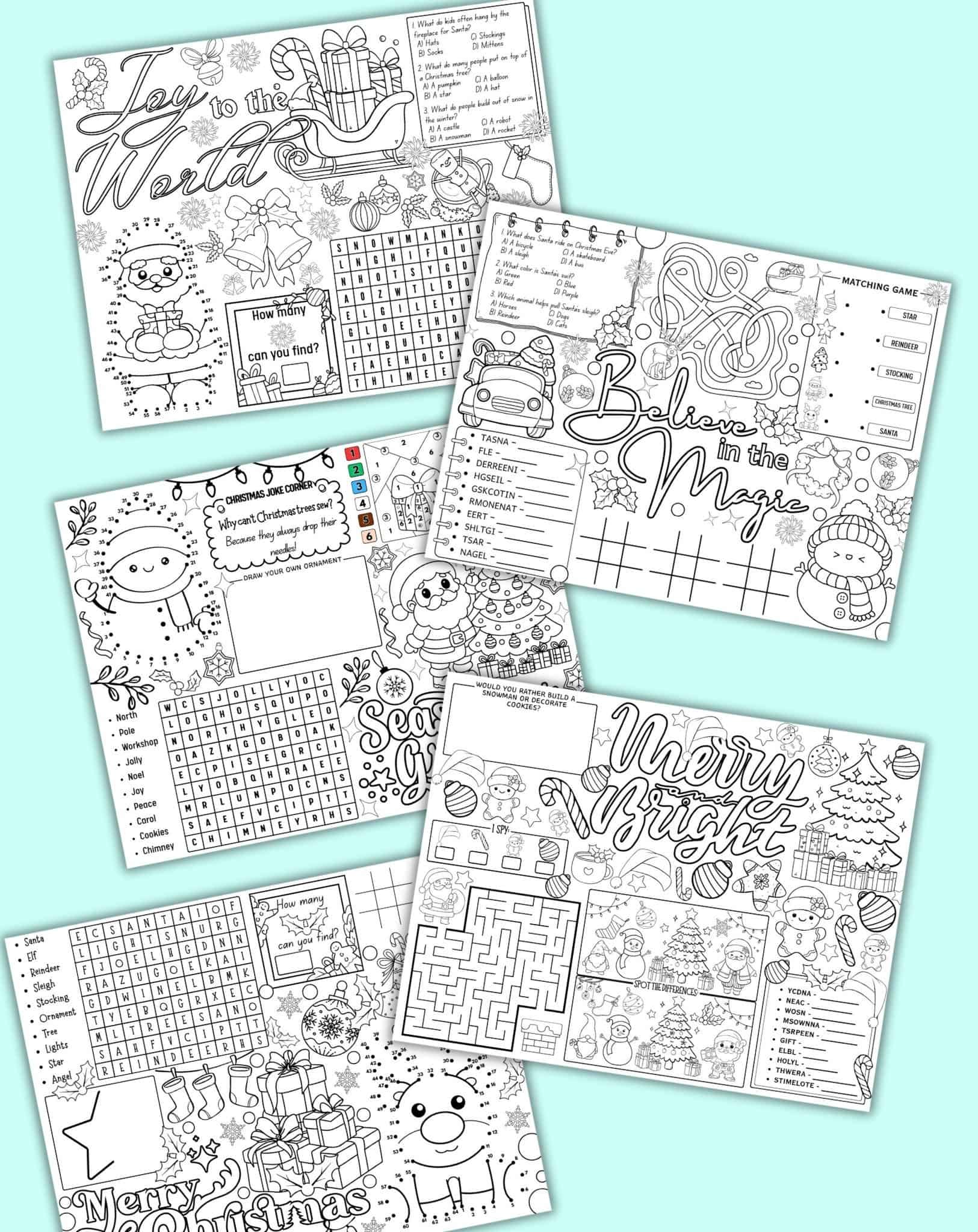 five printable Christmas activity placemats for kids