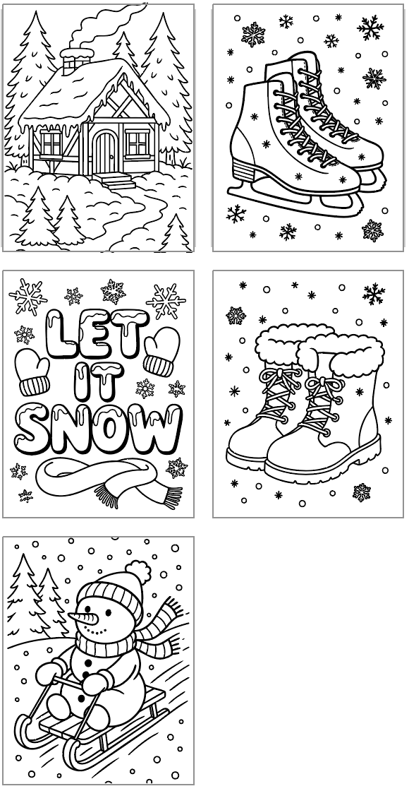 five winter themed easy coloring pages for kids including ice skates, snow boots, a cabin in the snow, and a snowman