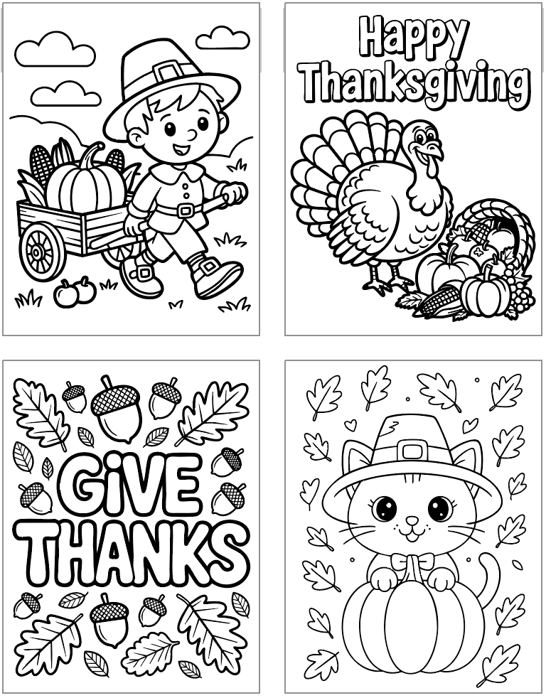 four bold and easy style Thanksgiving coloring pages for kids
