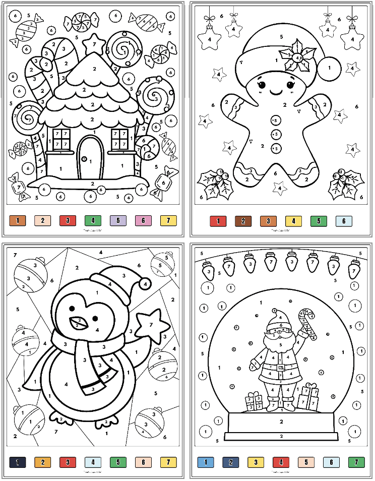 four Christmas color by number pages with a color coded key