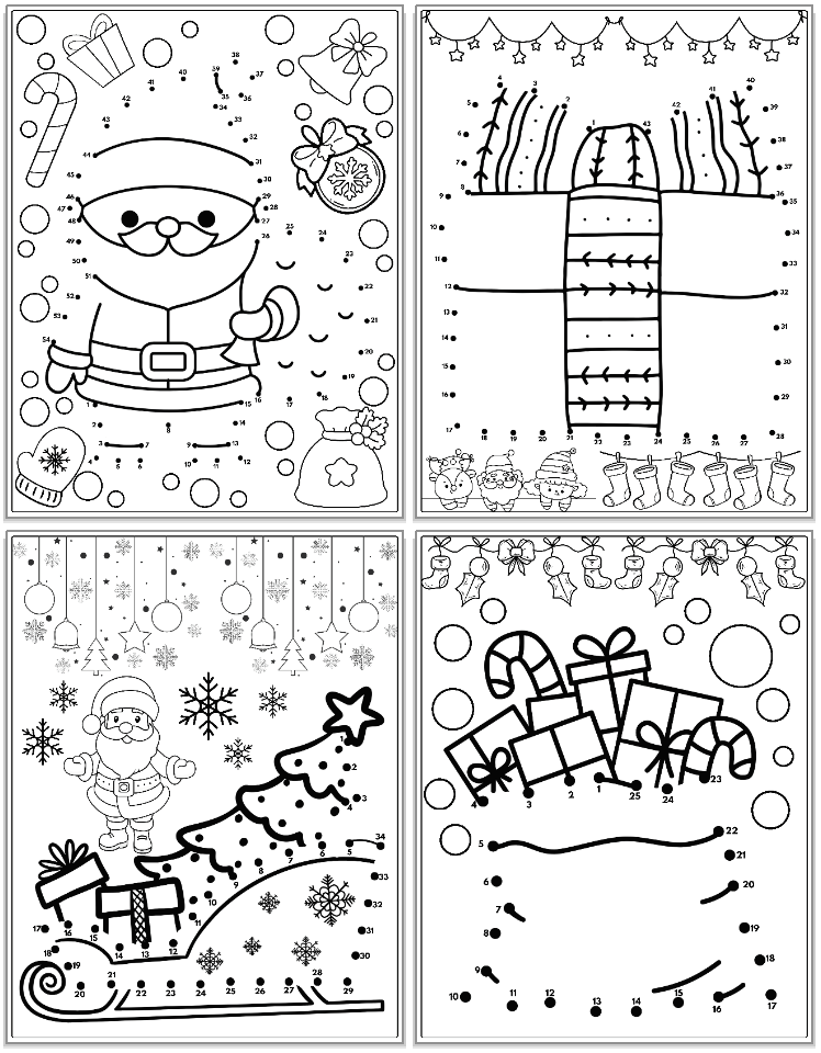 four Christmas themed dot to dot pages for kids. One shows Santa, another a present, the third a sleigh, and the fourth a sack of toys.