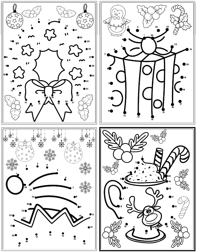 four Christmas connect the dots pages showing a wreath, a gift, an elf hat, and a mug of hot chocolate