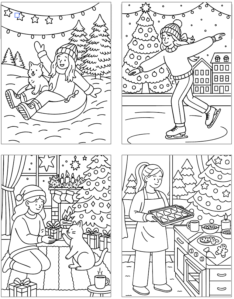 Four Christmas coloring pages featuring images of a woman ice skating, baking, inner tubing, and giving a present to a cat
