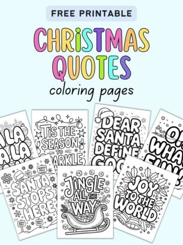 text "free printable Christmas quotes coloring pages" with a. preview of 7 bold and easy Christmas coloring pages