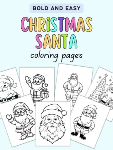 A collection of eight Santa Claus coloring pages featuring various designs, including Santa with gifts, a Christmas tree, and traditional poses, labeled as "Bold and Easy Christmas Santa coloring pages."