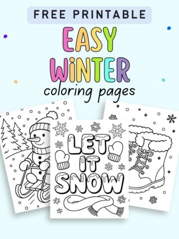 text "free printable easy winter coloring pages" with a preview of three winter themed coloring sheets