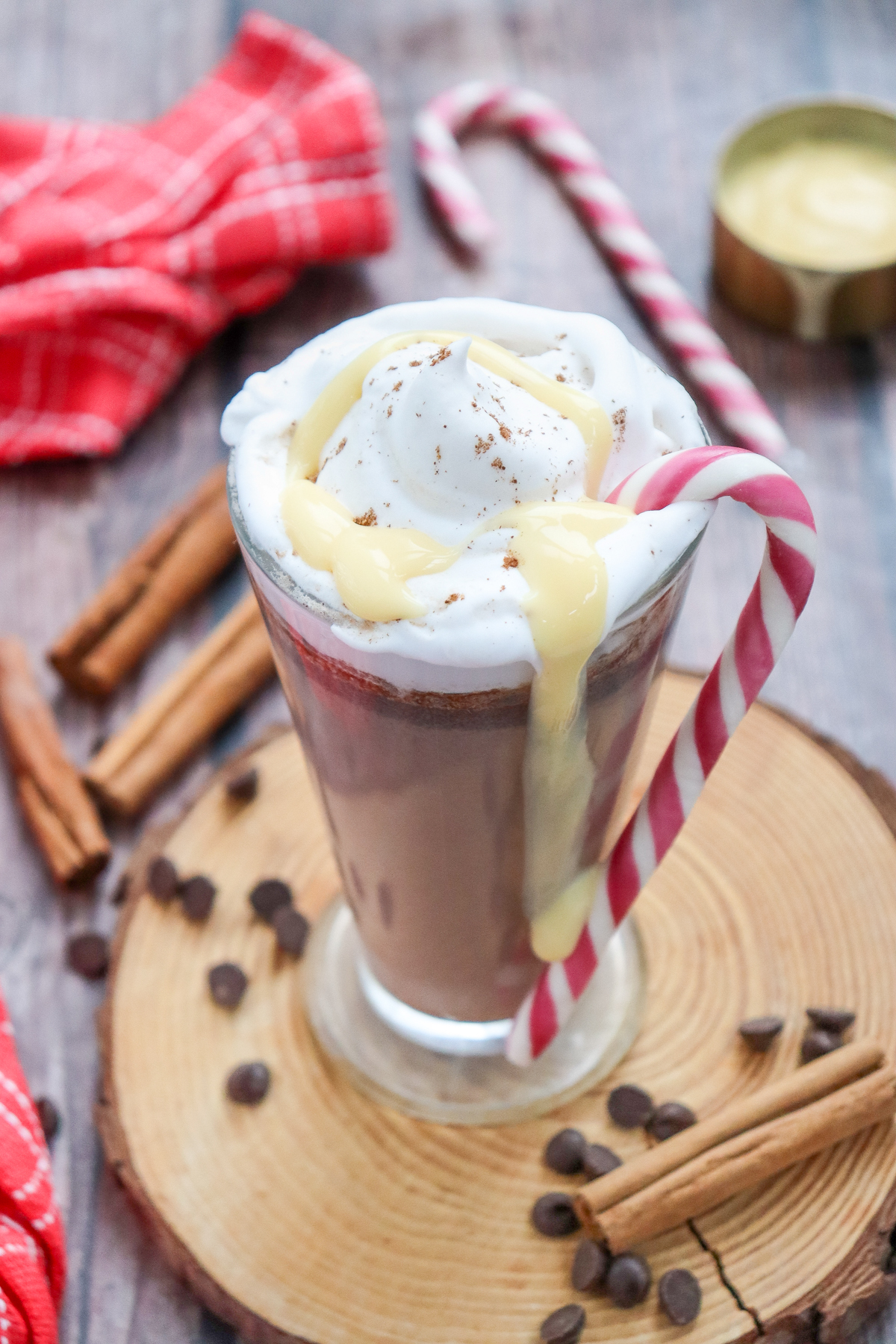 A glass of homemade hot chocolate topped with whipped cream, chocolate drizzle, and a candy cane, surrounded by chocolate chips, cinnamon sticks, and a red checkered cloth, showcasing a festive holiday drink scene.