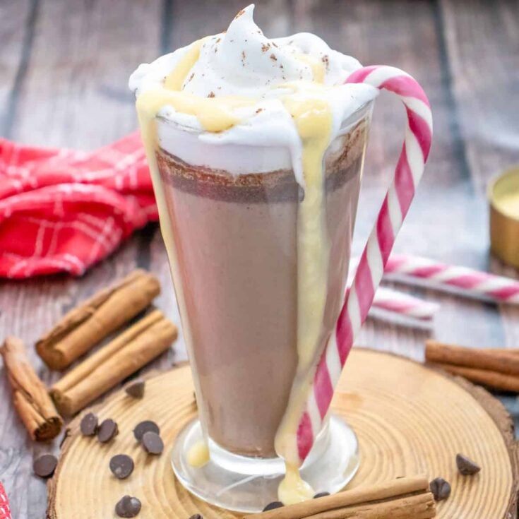 a glass mug with hot chocolate egg nog served with whipped cream and a candy cane
