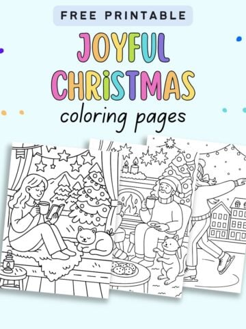 text "free printable joyful Christmas coloring pages" with a preview of three Christmas coloring pages