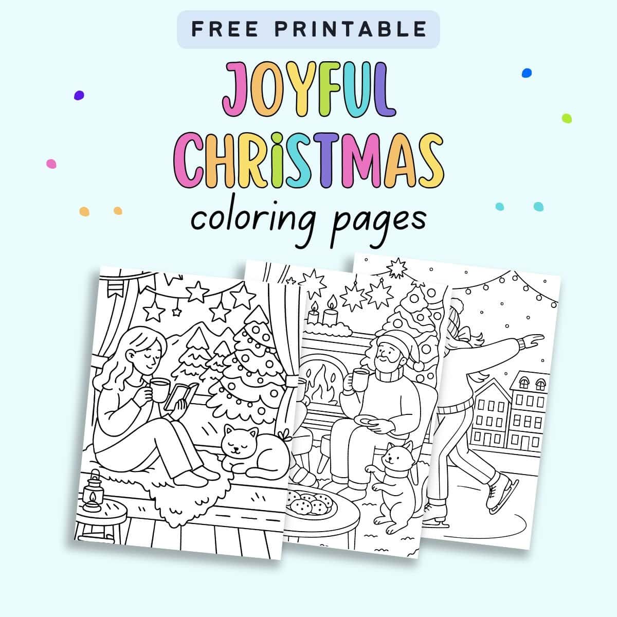 text "free printable joyful Christmas coloring pages" with a preview of three Christmas coloring pages