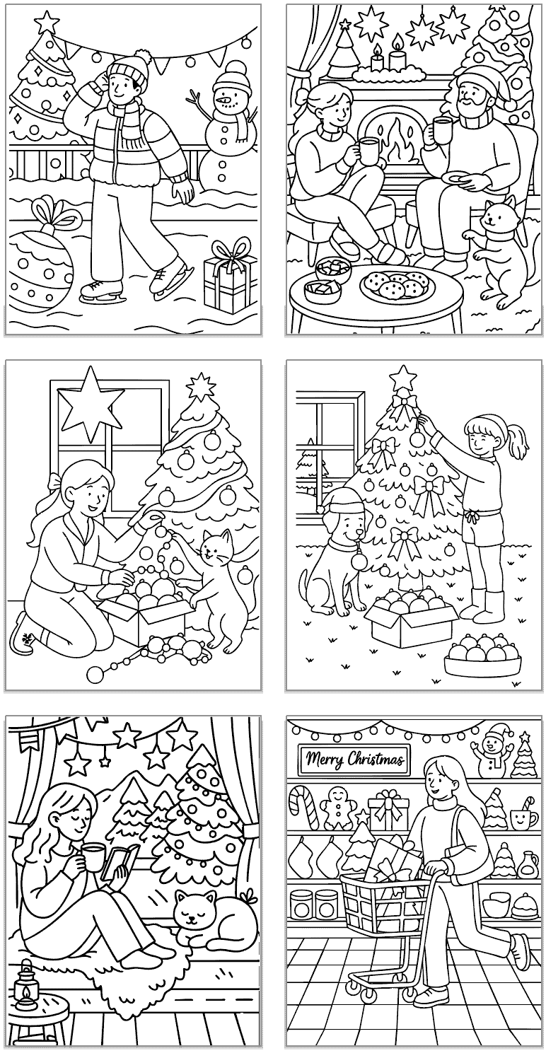 six Christmas coloring pages showing people decorating and shopping for Christmas 