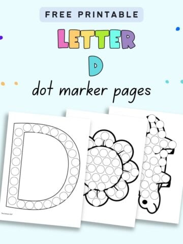 text "free printable letter d dot marker pages" with three dot marker coloring sheets featuring the letter d images