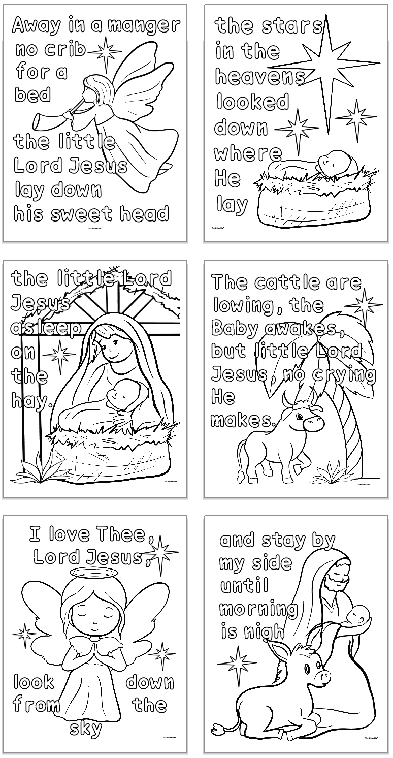six coloring scenes with quotes from Away in a Manger