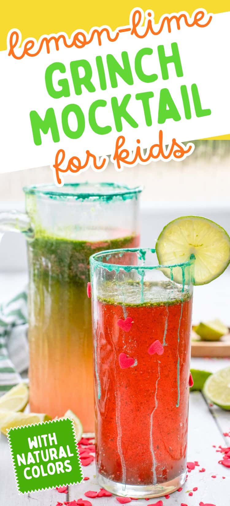 text "lemon lime grinch moctkail for kids" with a picture of a glass and pitcher of a red and green drink