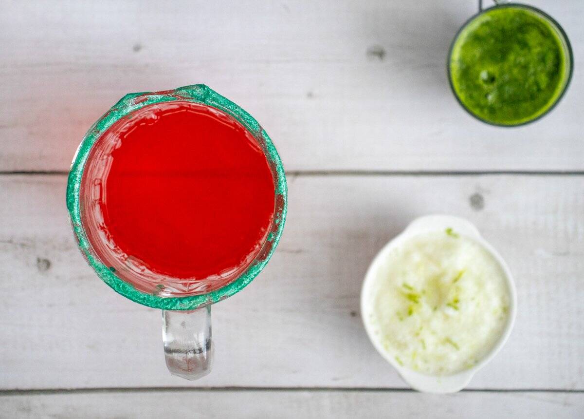 juice and sherbert for making a grinch mocktail