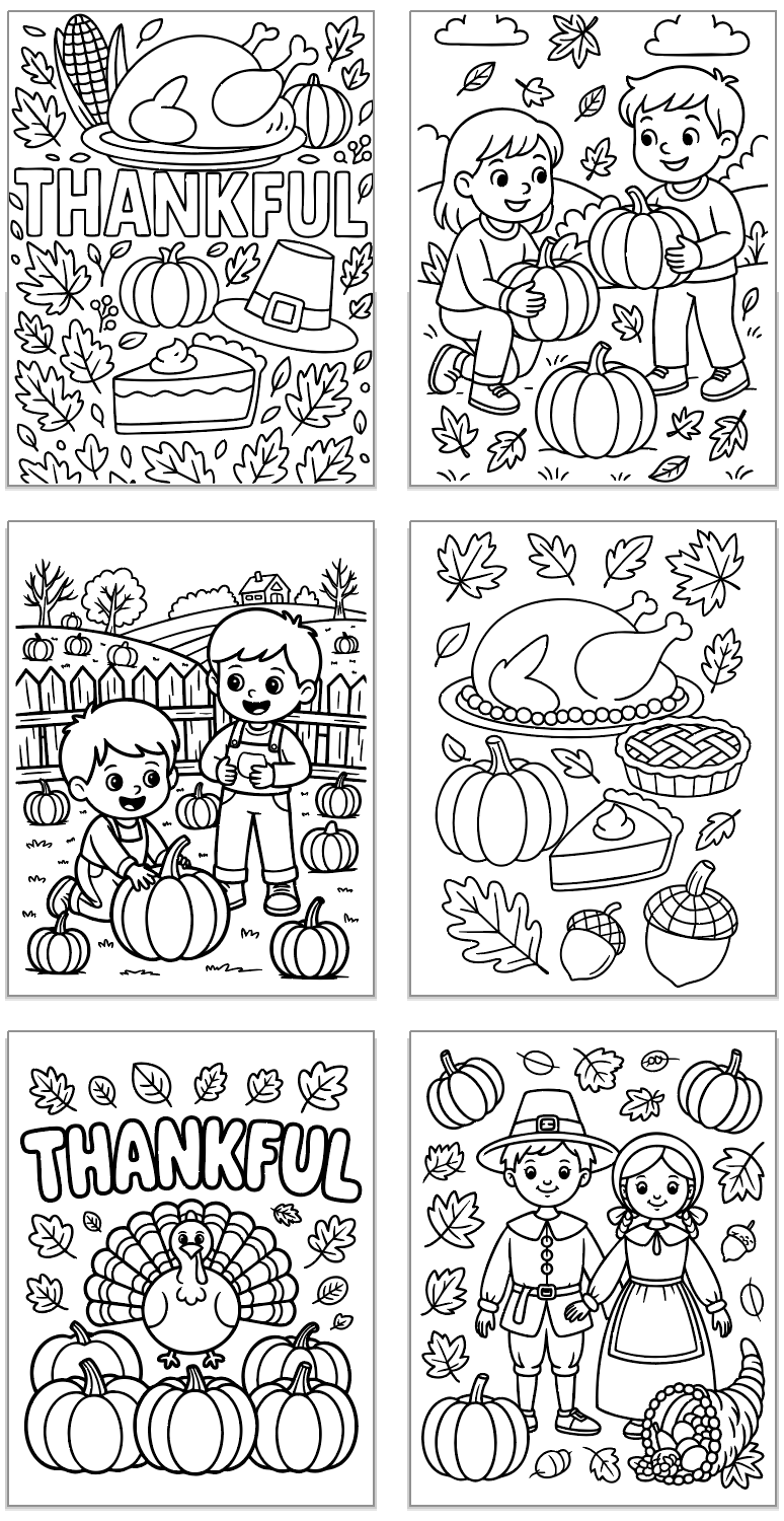 six bold and easy style Thanksgiving coloring pages for kids