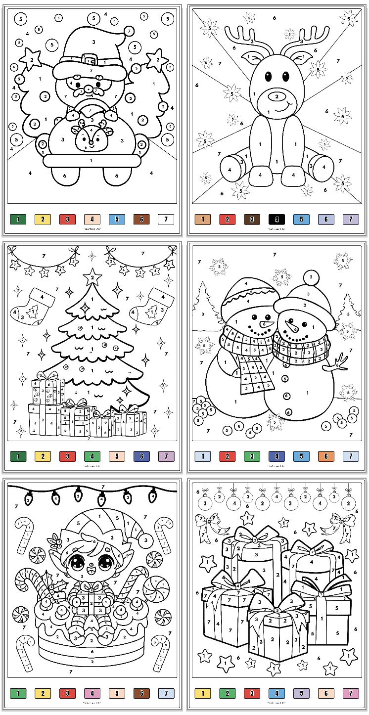 six Christmas color by number pages with a color coded key
