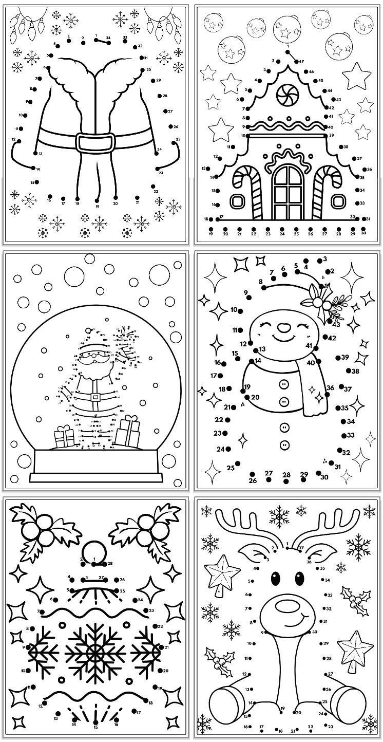 six christmas connect the dots worksheets wooing a gingerbread house, a snowman, a reindeer, and more