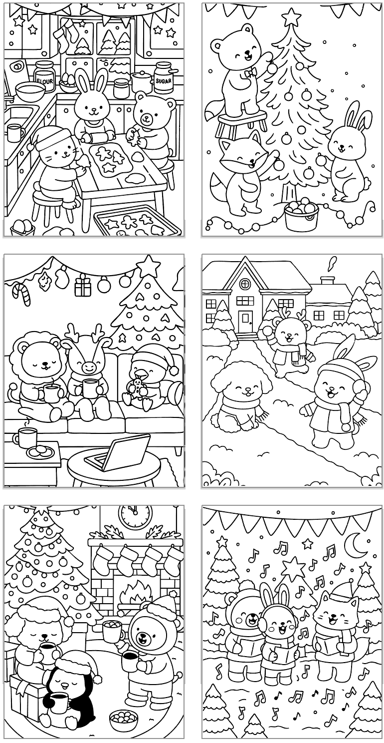 six cozy hygge style Christmas coloring pages showing animals celebrating Christmas