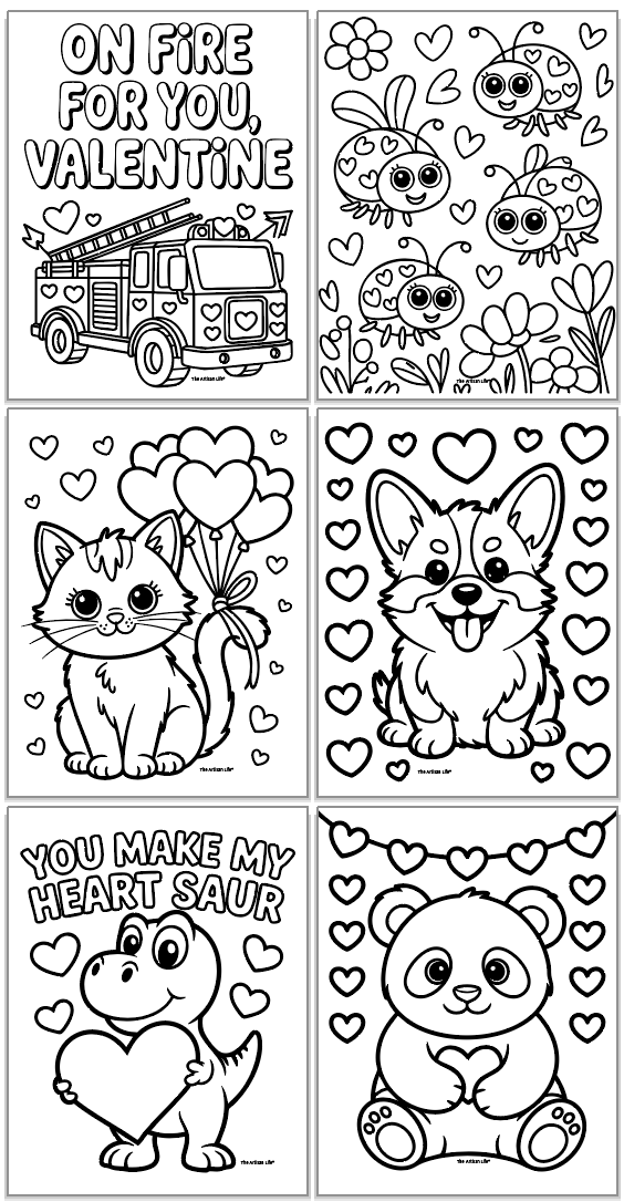 six Valentine's Day coloring pages for kids including dinosaurs and cute animals