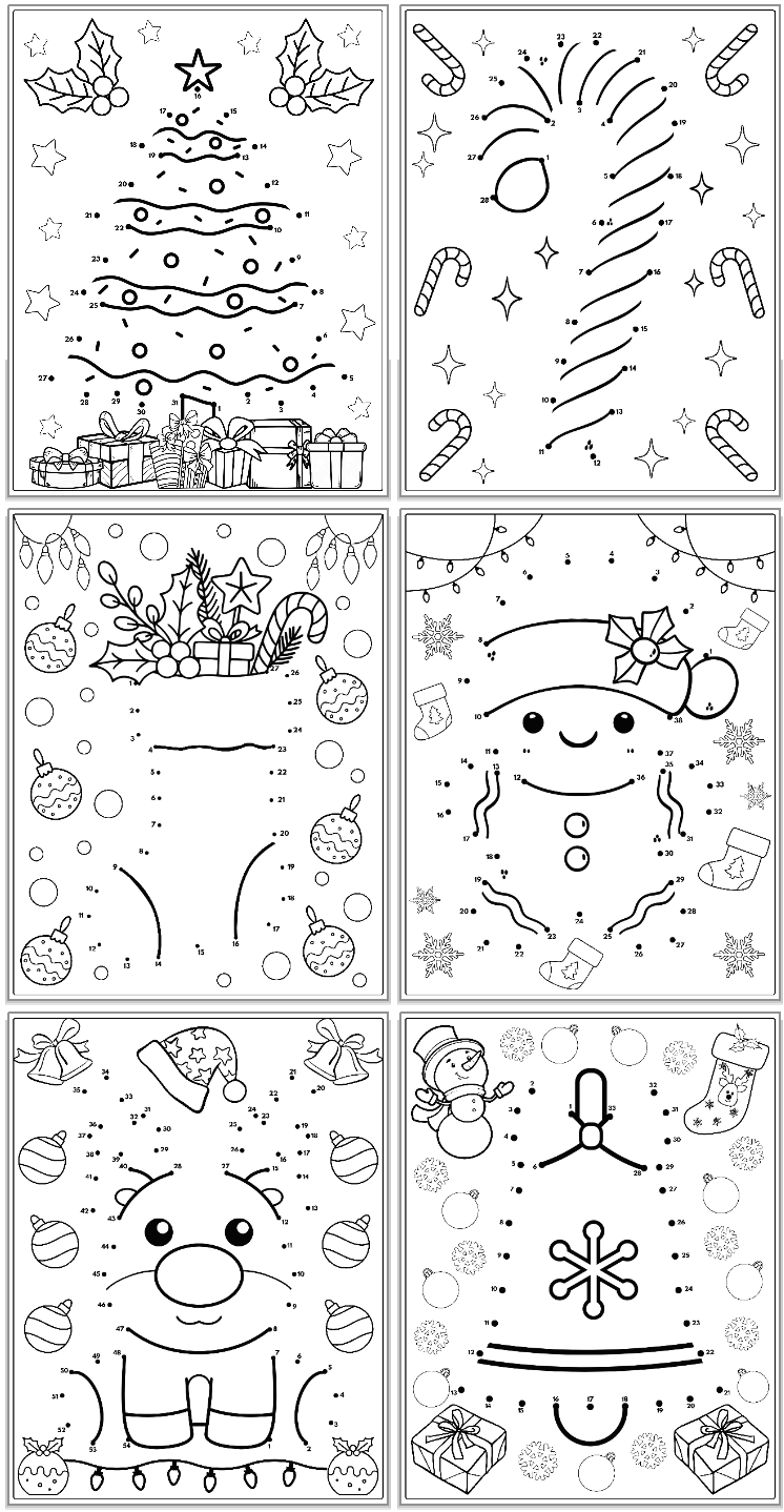 Six Christmas themed dot to dots for kids including a gingerbread man, a stocking, a candy cane, a bell, a reindeer, and a tree.