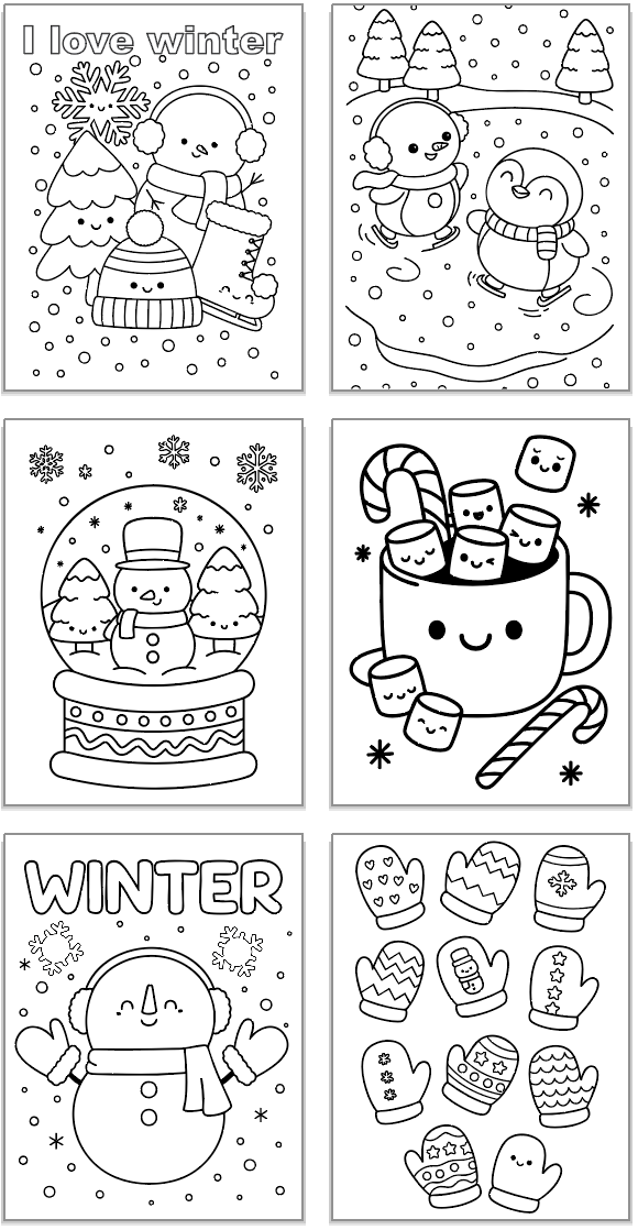 six bold and easy style winter coloring pages for kids including snowmen, hot chocolate, mittens, and penguins