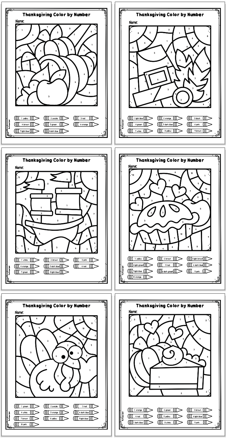 six Thanksgiving color by number pages with numbers 1-10
