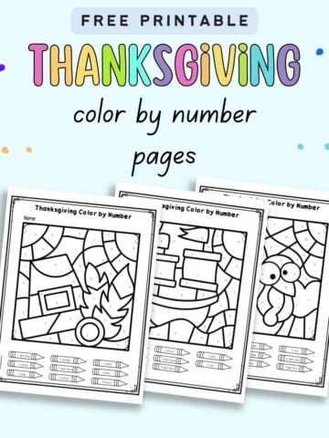 text "free printable Thanksgiving color by number pages" with a preview of three Thanksgiving color nu number sheets with numbers 1-10