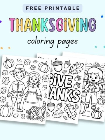 text "free printable Thanksgiving coloring pages" with a preview of three Thanksgiving coloring sheets