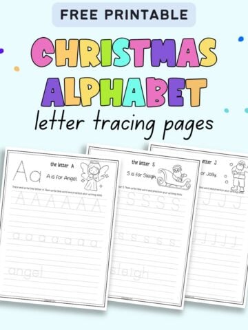 text "free printable christmas alphabet letter tracing pages" with a preview of three alphabet tracing sheets