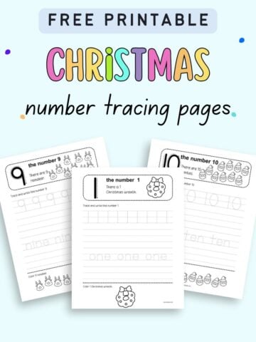 text "free printable Christmas number tracing pages" with a preview of three Christmas number tracing pages with numbers 1, 9, and 10