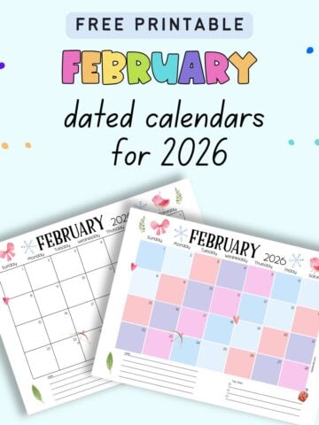 text "free printable February dated calendars for 2026" with a preview of two printable calendar pages that are dated for February 2026