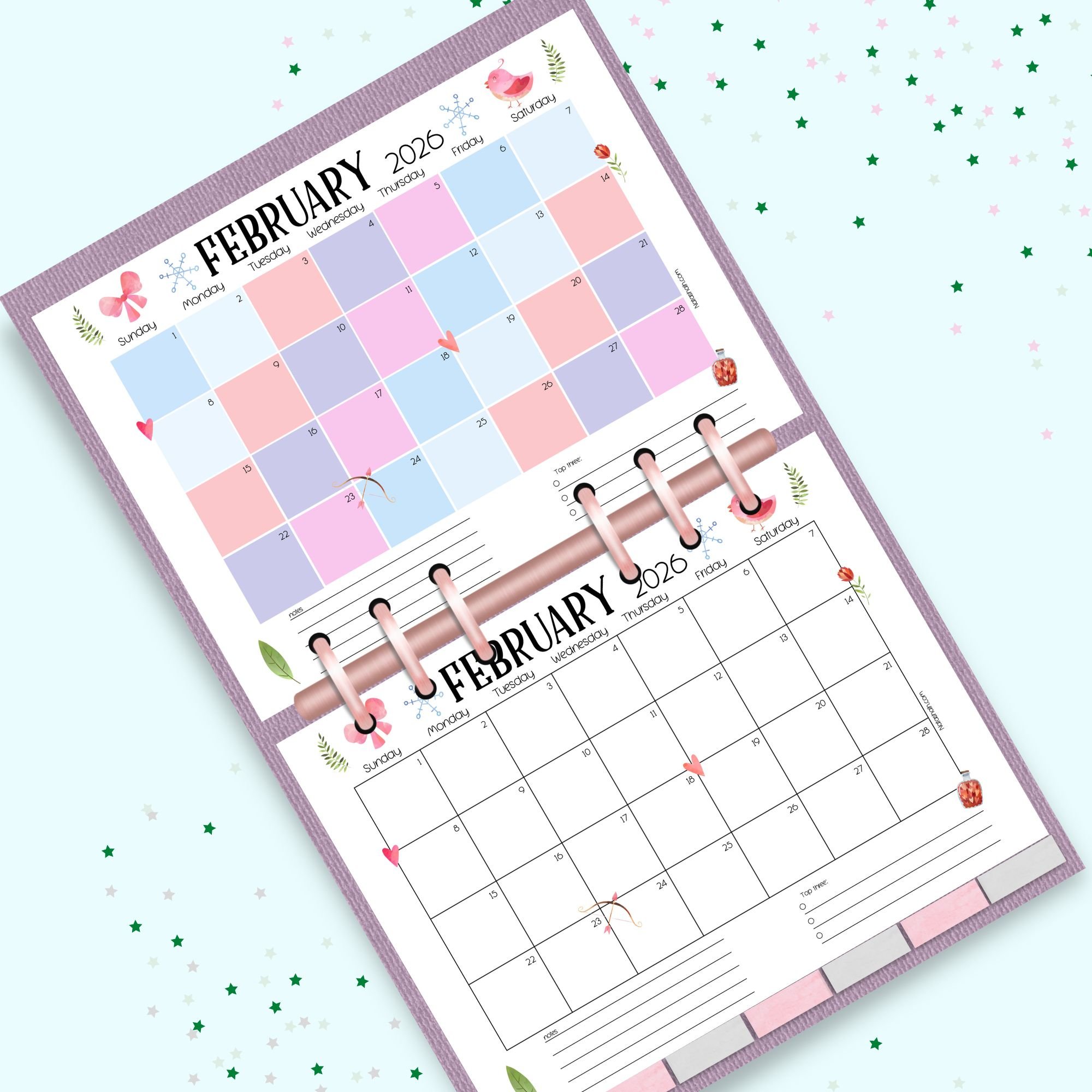 a mockup of two February 20206 calendar pages in a planner