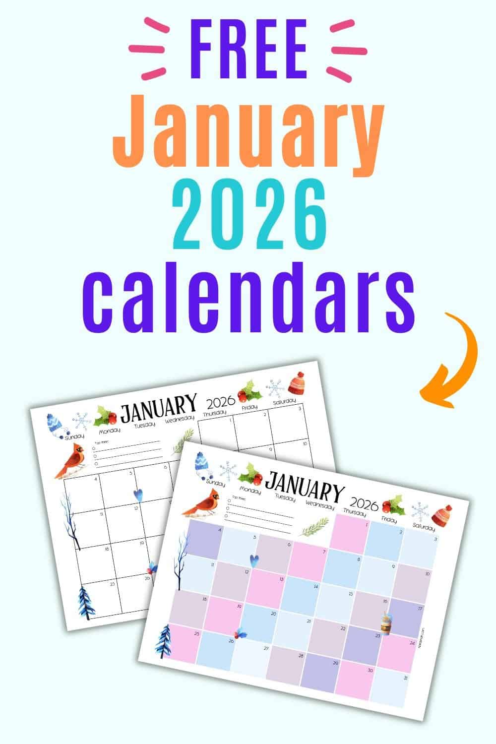 text "free January 2026 calendars" with a preview of two January dated calendar pages