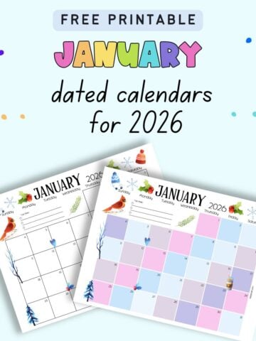 text "free printable January dated calendars for 2026" with a preview of two calendar pages