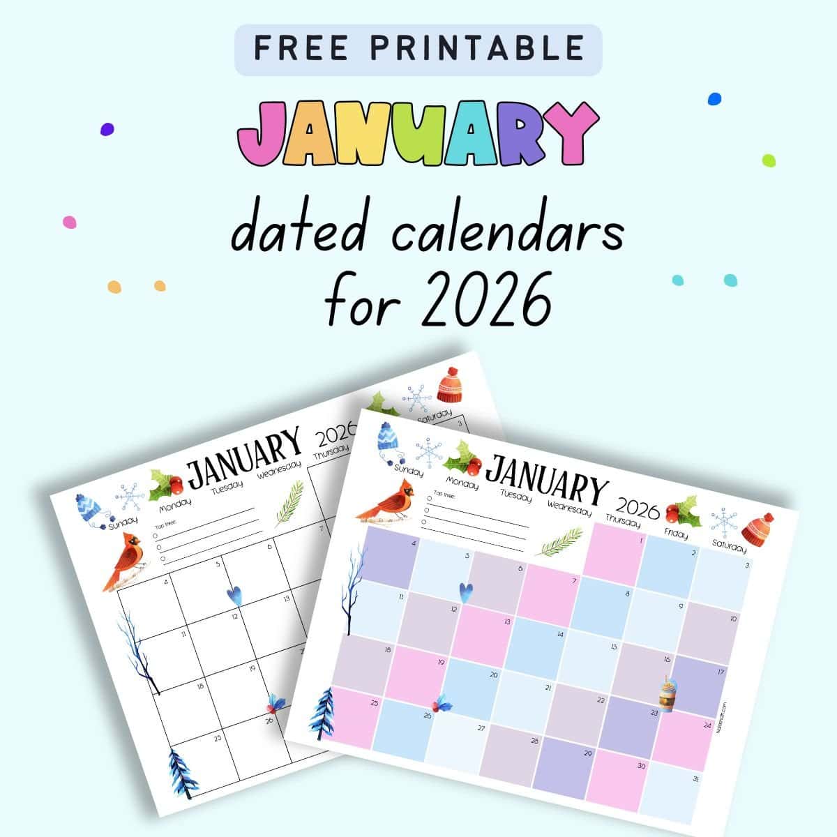 text "free printable January dated calendars for 2026" with a preview of two calendar pages