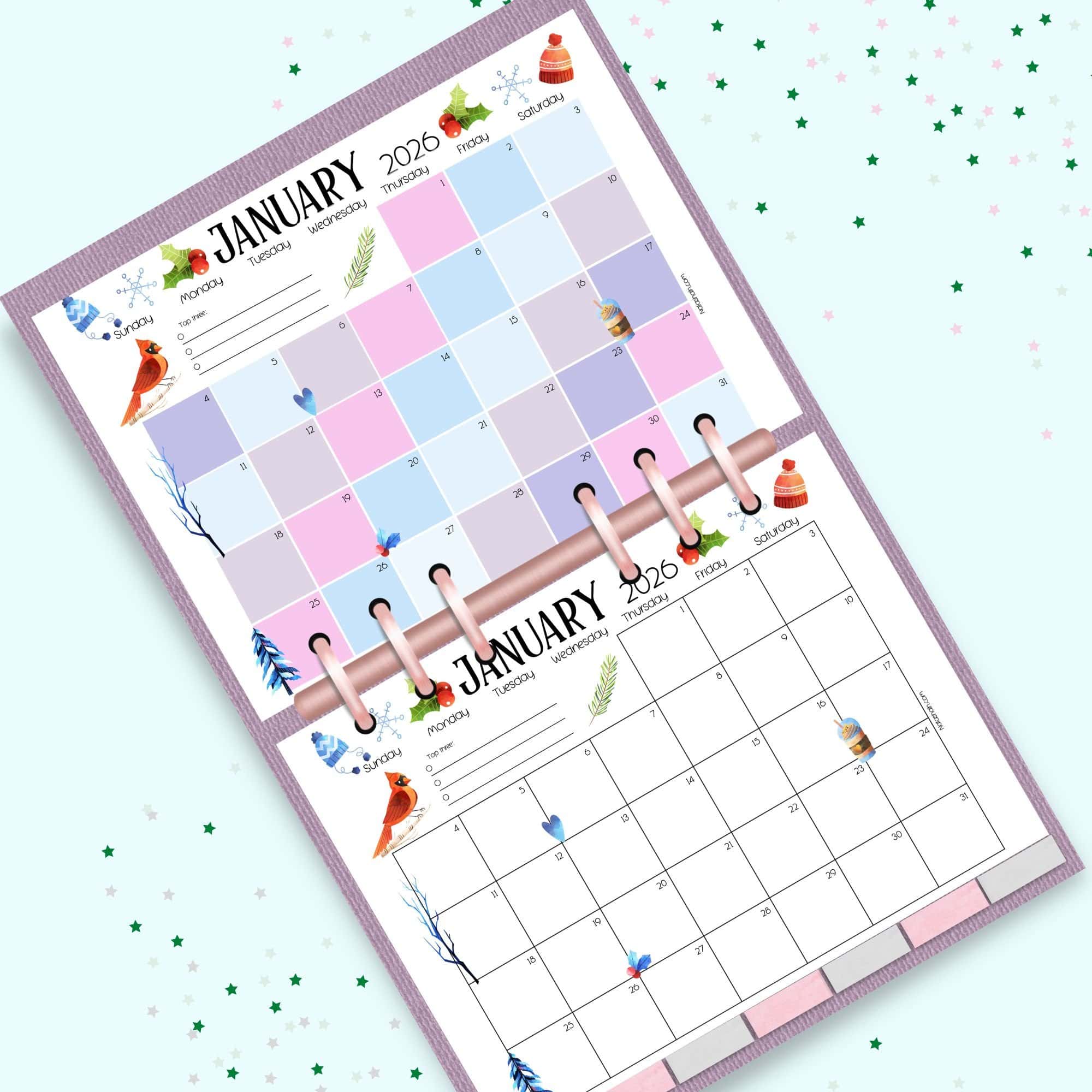 a mockup of planner with January 2026 dated calendar pages