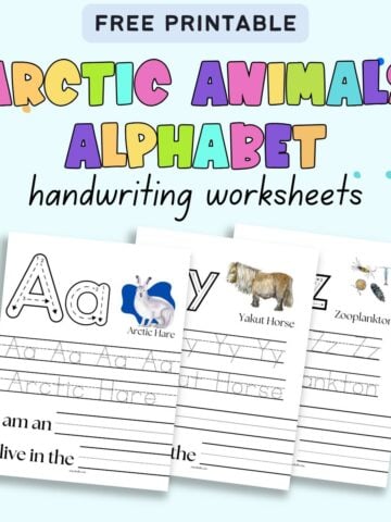 text "Free printable arctic animals alphabet handwriting worksheets" with a preview of three handwriting worksheet pages
