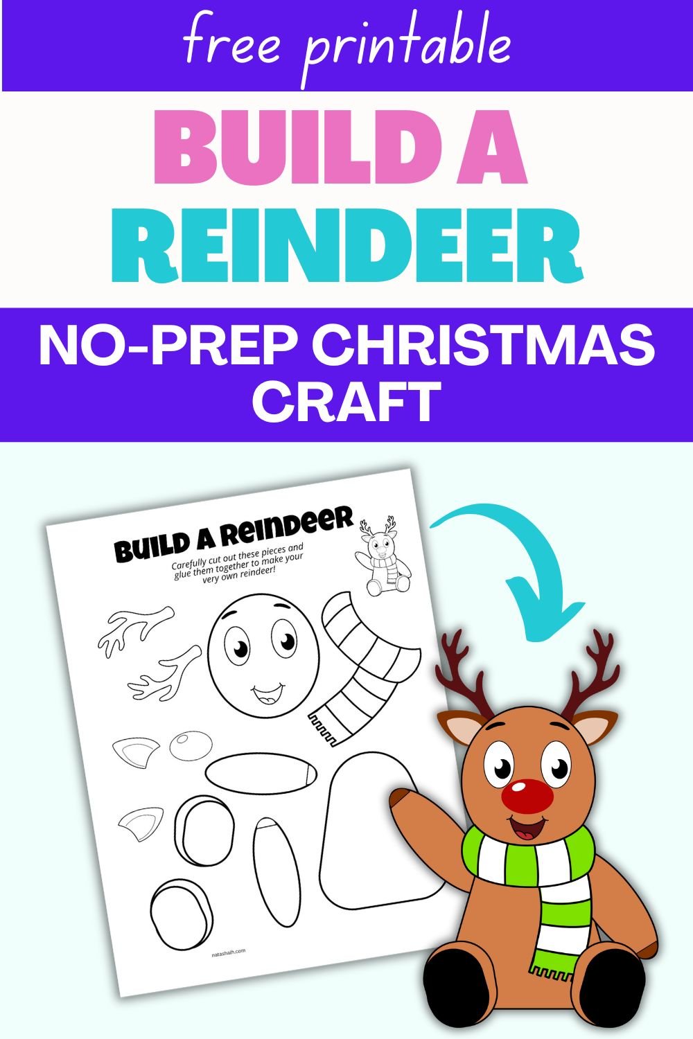 text "free printable build a reindeer no prep christmas craft" with a preview of a christmas reindeer crab
