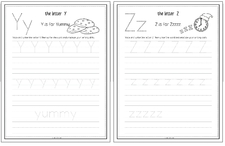 Christmas alphabet tracing pages for Y and z