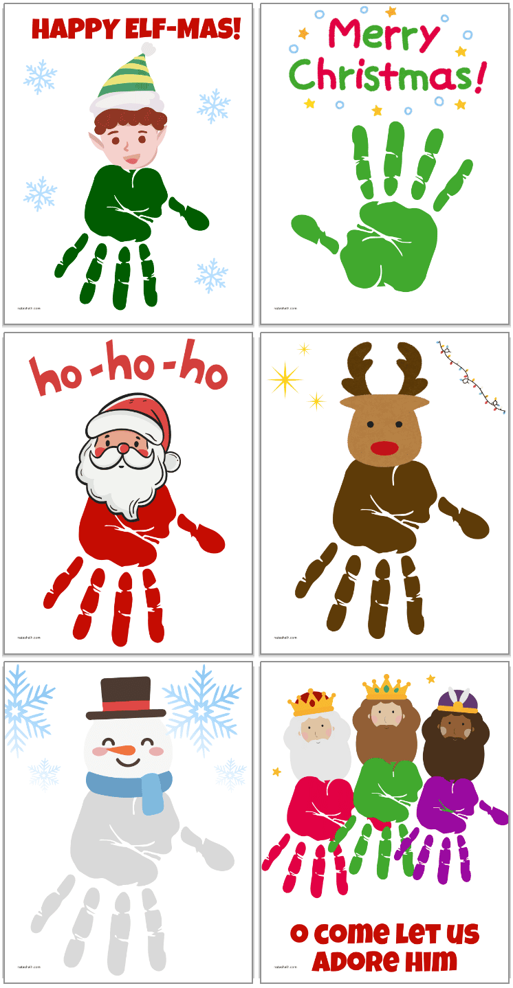 six Christmas themed handprint art templates including santa, a reindeer, an elf, and the three wise men